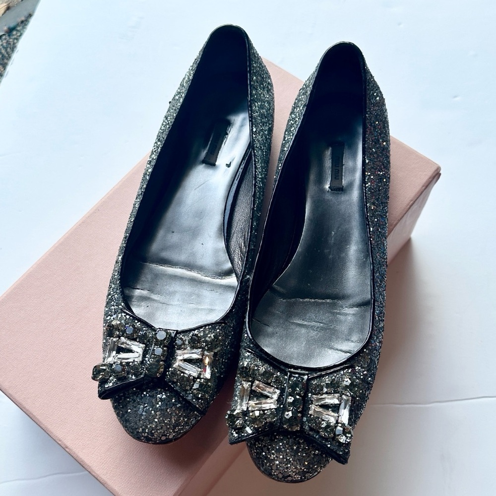 Miu Miu Silver Rhinestone Bow Glitter Ballet Flats 9.5/39.5